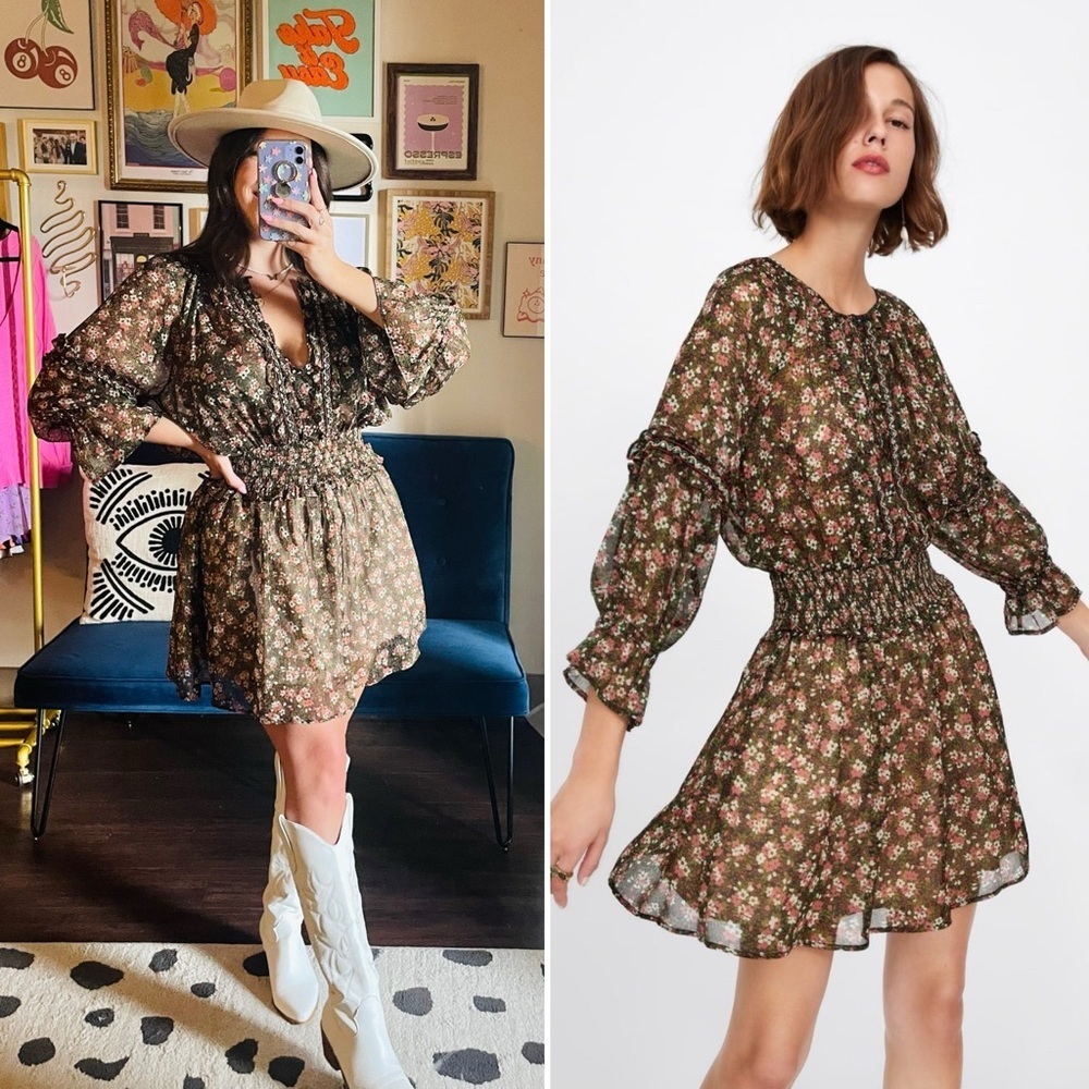 Zara Beaded Floral Smocked Peasant Mini Dress